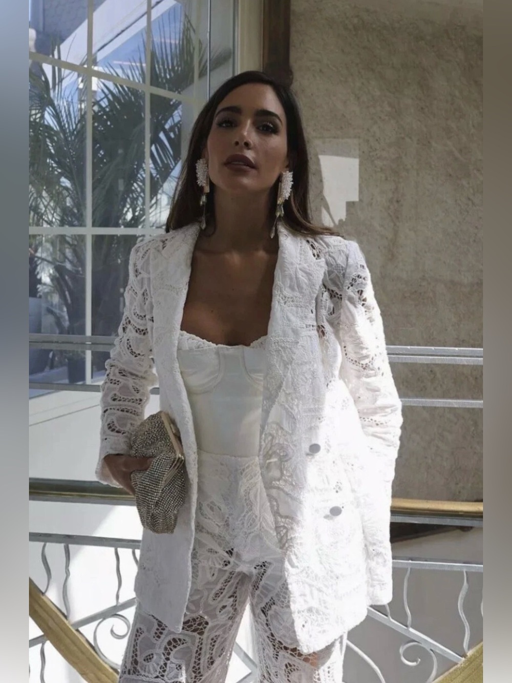 Zara White Lace Double-Breasted Blazer Jacket
